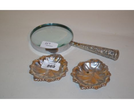 Pair of Birmingham silver leaf form trinket dishes and a magnifying glass with Burmese silver handle