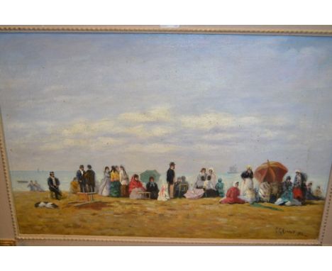 20th Century Impressionist style oil on canvas board, figures on a beach, signed R. La Rossett, 19ins x 29ins