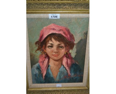 20th Century Continental oil on canvas, head and shoulder portrait of a gypsy girl, signed indistinctly, 11ins x 8.5ins, gilt