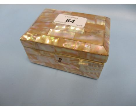 Small 19th Century mother of pearl trinket box, the hinged cover enclosing a blue satin lined interior