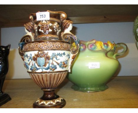 19th Century continental Majolica baluster form vase with figural mounted handles, together with Art Nouveau style jardiniere