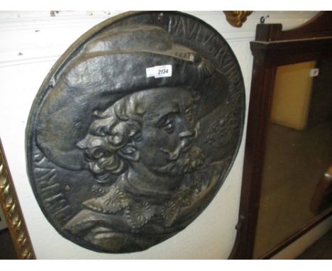 Large circular cast metal wall plaque relief decorated with a portrait of Peter Paul Rubens, 22ins diameter