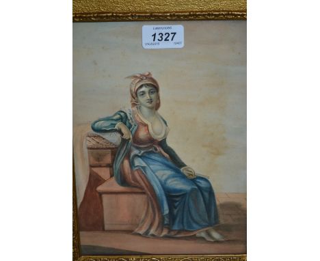 19th Century watercolour, portrait of a seated lady holding a fan wearing a pink head scarf, 10ins x 7ins, in a swept gilt fr