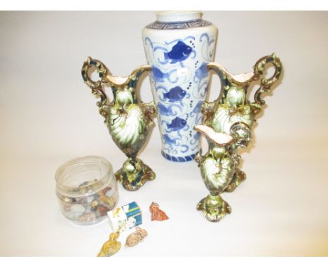 Garniture of three Austrian pottery shell form jug vases, a modern Chinese blue and white vase, two Capo di Monte style figur