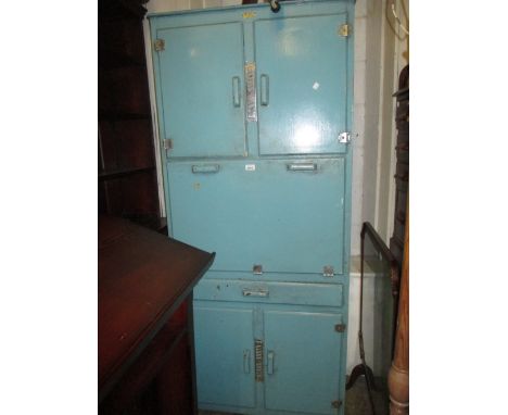 Mid 20th Century blue painted larder cabinet with enamel inset drop-down front, with label V. Gordon