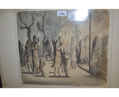 Harold Hope Read ink and wash, figures window shopping at dusk, 12.5ins x 15ins, together with a monochrome ink and wash, thr