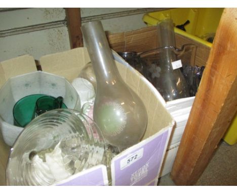 Two boxes containing a quantity of various decorative glass including a white metal mounted vase, two floral enamel green gla