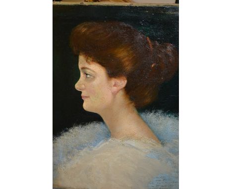 Unframed oil on canvas, head and shoulder portrait of a young lady, indistinctly signed and inscribed ' Castellan ', 16ins x 