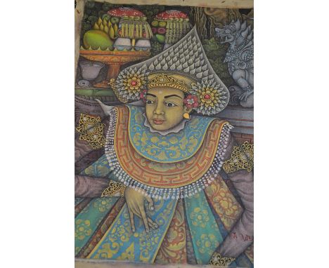Group of three oriental oil on canvas, studies of birds, fishes and a portrait, one signed K. Mudra, unframed and unstretched