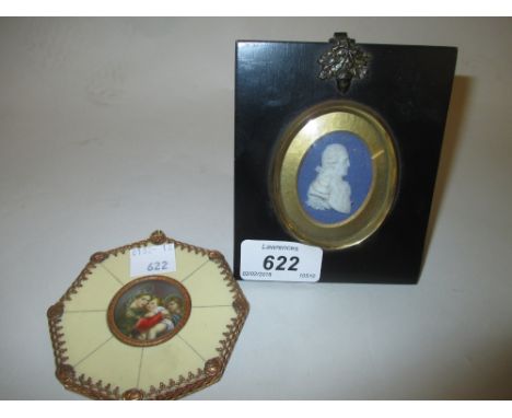 Miniature blue Jasperware portrait plaque in an ebonised frame together with another miniature picture