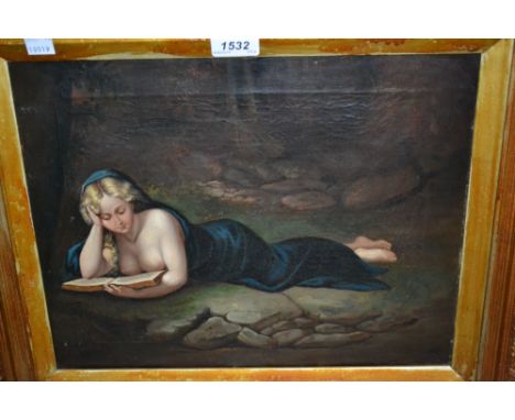 19th Century English school, oil on canvas, portrait of a semi nude lady reclining, reading from a book, 12ins x 15ins, gilt 