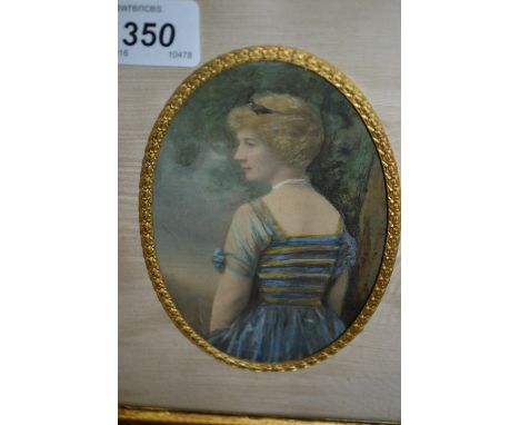 Oval mounted watercolour, miniature half length portrait of Mrs Ethel Patterson, 4.5ins x 3.5ins, gilt framed together with a