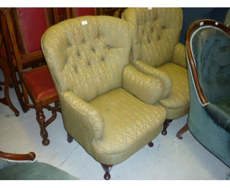 Pair of reproduction button upholstered armchairs on cabriole supports