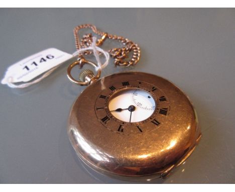 Early 20th Century 9ct gold half hunter cased crown wind pocket watch, the enamel dial with Roman numerals and subsidiary sec