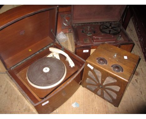 T.P. Limited ' Sound Mirror ' reel to reel tape recorder, a Pye record player and an Art Deco oak cased valve radio