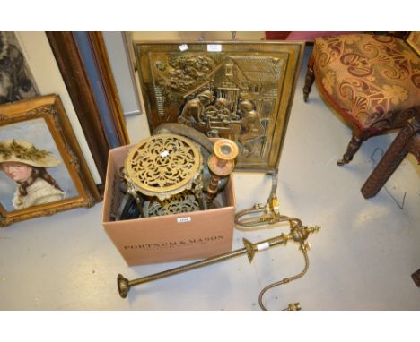 Brass three light electrolier, brass two tier vase stand, firescreen and sundries