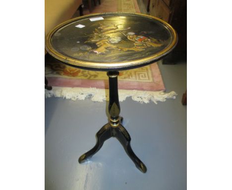 20th Century black chinoiserie and lacquered circular turned standard lamp with shade, having floral and figural decoration, 