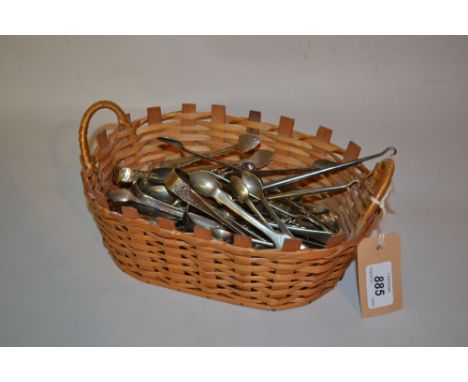 Quantity of plated sugar tongs, various silver handled button hooks etc, two pairs of grape scissors and two pairs of silver 