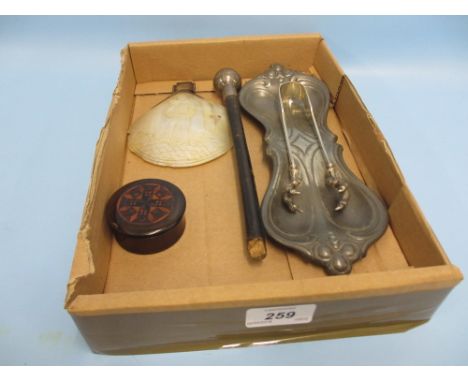 Mother of pearl sterling silver mounted Holy water scoop with carved figure of a saint (a/f), together with a swagger stick, 