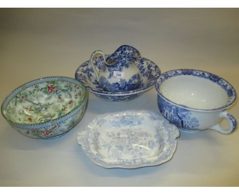 Blue and white jug and basin, a bed pan, Asiatic Pheasant pattern serving dish and a 19th Century floral decorated bowl