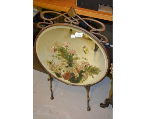 Edwardian brass firescreen of Art Nouveau design inset with a painted mirror panel