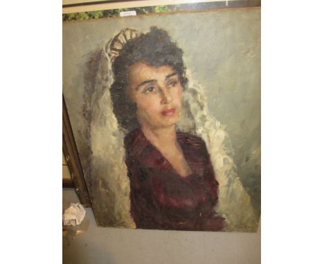 20th Century oil on canvas, head and shoulder portrait of a lady wearing a white headdress, signed Wieram, together with a co