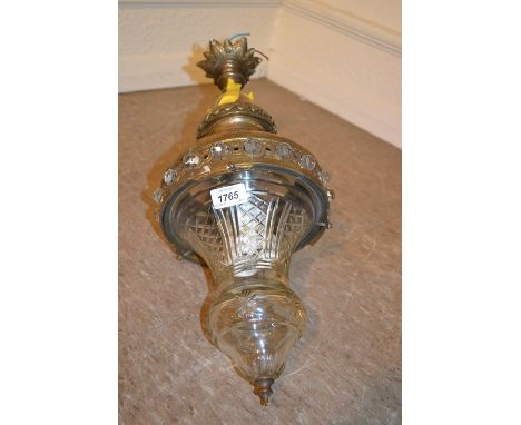 Edwardian brass and cut glass lantern form light fitting (a/f), together with a glass bag form light fitting (a/f)