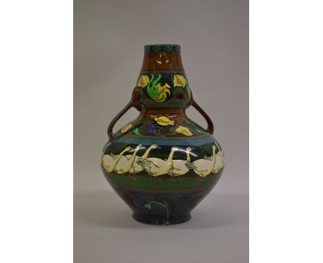Wileman & Co. Foley Intarsio two handled vase designed by Frederick Rhead, No. 3084, RD No. 330400, decorated with a band of 