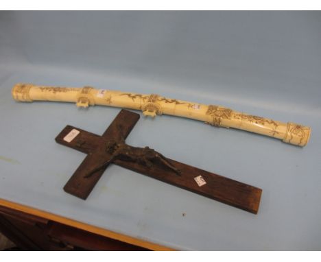 Modern Chinese bone scabbard with engraved decoration and an oak crucifix with silvered spelter figure of Christ (a/f)