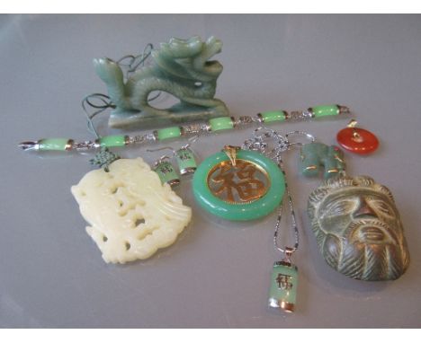Carved jade pendant, carved jade figure of a dragon, circular jade pendant and sundries