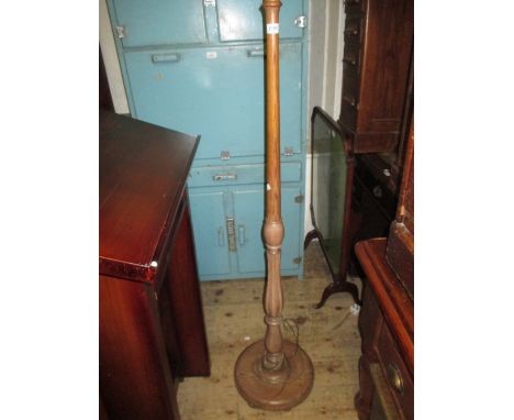 20th Century turned pitch pine standard lamp together with a large cream covered cabin trunk, another blue covered cabin trun