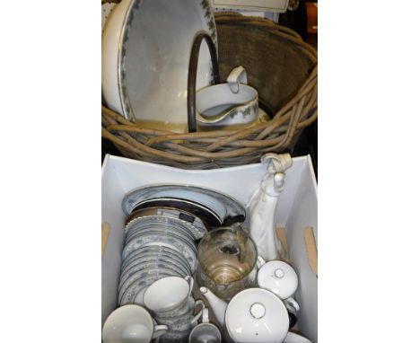 A wooden log basket containing a brass jam pan, toilet jug and bowl set, together with a box containing various china wares t