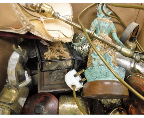 Assorted metal wares to include table lamp, modern deity ornaments, candlesticks, etc