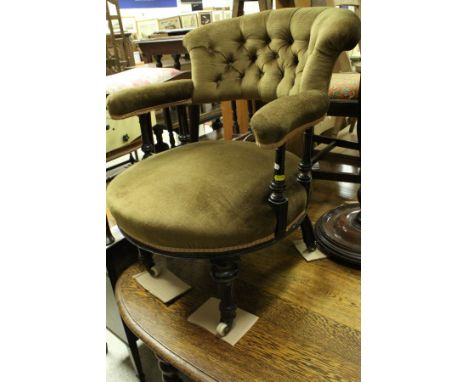 A Victorian salon chair with button back and upholstered arms, an Edwardian mahogany and inlaid display cabinet and three var