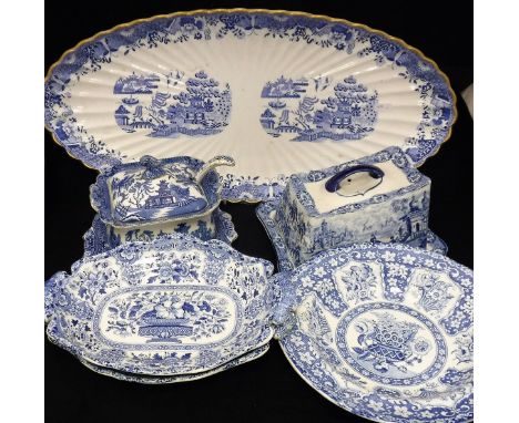 A collection of assorted blue and white china wares to include Spode plate decorated with figures with cattle and dogs outsid