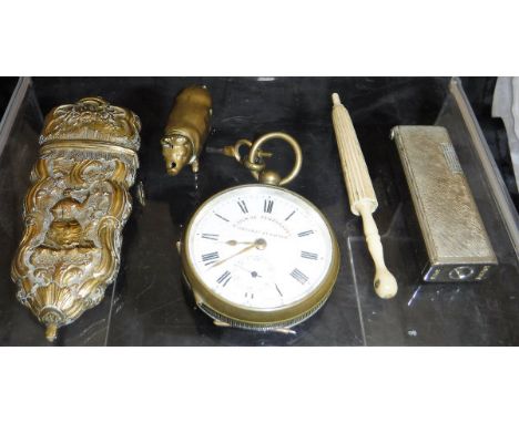 A quantity of miscellaneous items to include a railway timekeeper's pocketwatch with subsidiary seconds dial, a brass vesta c