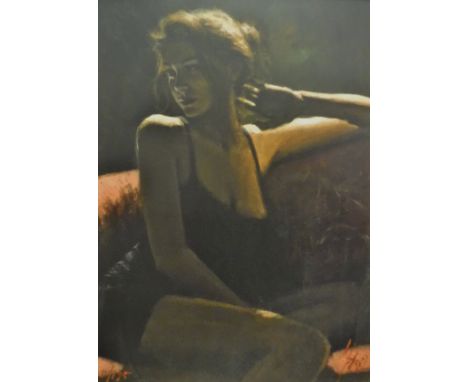 FABIAN PEREZ "Sultry woman seated on a couch", hand-embellished canvas print on board, limited edition No'd. 11/195 CONDITION
