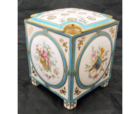 A Continental hand-painted Sèvres style bough pot, the body of cuboid form, the panels each decorated with musical instrument