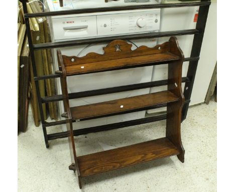 A 19th Century oak three tier wall rack and a 19th Century oak Scottish plate rack, together with a Victorian ebonised Suther