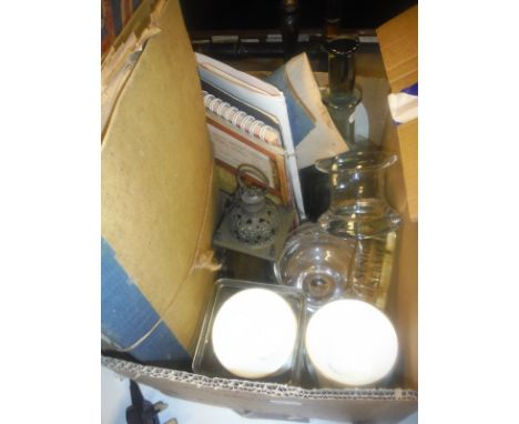 Two boxes of assorted vintage maps, documents and other ephemera, together with a box of sundry items to include a smoky glas