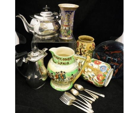 A Crown Devon "Widdecombe Fair" musical jug, together with two H J Wood "Indian Tree" decorated vases, a Carlton ware lustre 