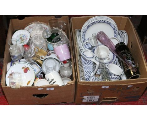 Two boxes of mixed china and glass to include a part tea service, along with Denby, Royal Worcester and Aynsley items etc.