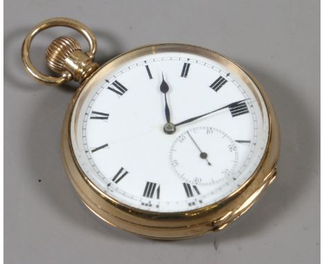 A 9ct gold cased open face pocket watch with enamel dial having Roman numeral markers and subsidiary seconds, Ref 133041 assa