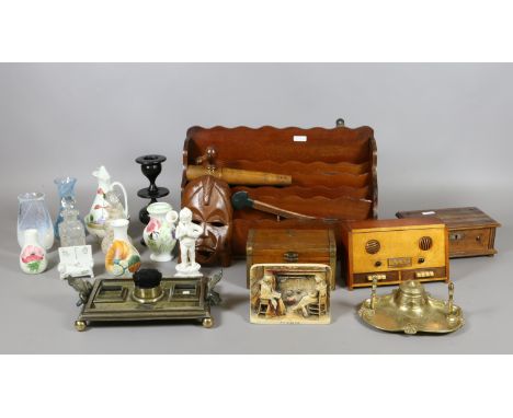 A collection of wooden items, metalwares, ceramics and glass etc including stationary rack, desk stand, Radford ware and a tu