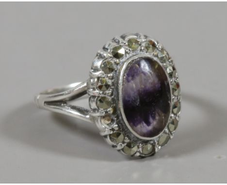A vintage silver, Blue John and marcasite cluster ring, size L. 