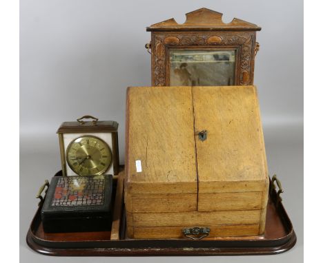 A marquetry inlaid serving tray, oak stationary box, Japanese lacquer box and a 1950s mantel clock etc.