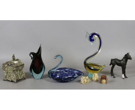 Mixed collectables including chinoiserie silver plated tea caddy, Beswick foal and art glass etc.