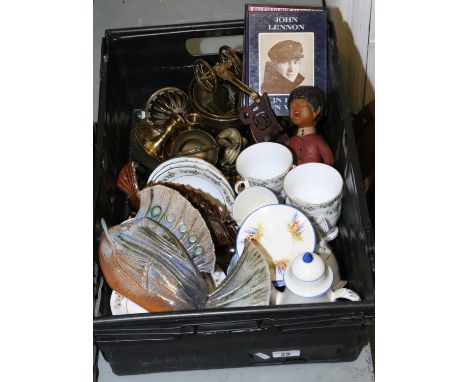 A box of miscellaneous ceramics, glass and brassware including vintage coffee set, Beatles bendy toy and art pottery.