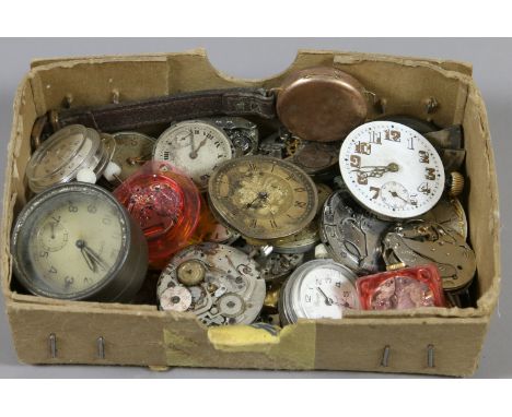 A box of vintage watch movements including Rotary, Rolex, Longines, Bulova, Grana and a 9ct gold watch case.