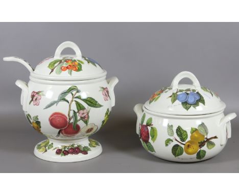 A large Portmeirion lidded tureen and ceramic server from the Pomona series, along with a smaller example both decorated with